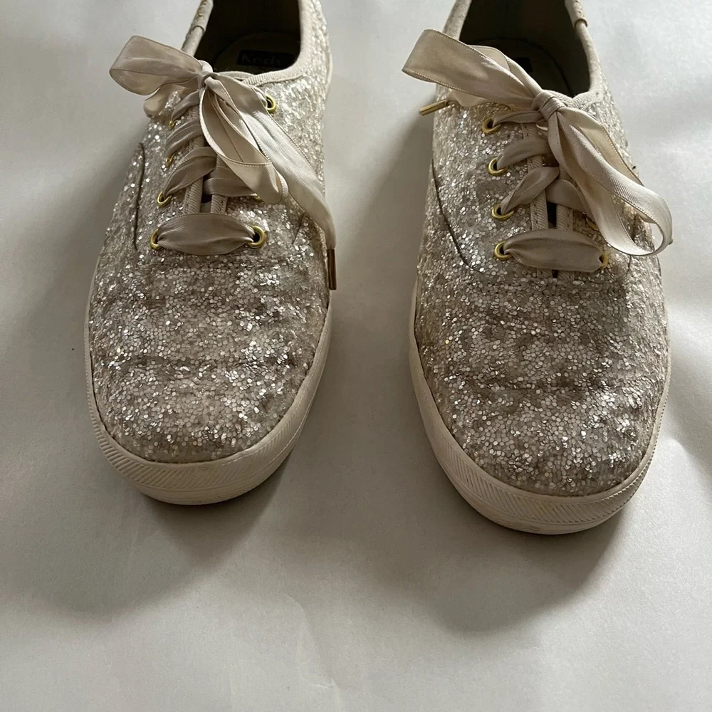 Kate Spade Keds Blinged Out Cream Glitter Canvas Sneakers Fun Ribbon Lac…